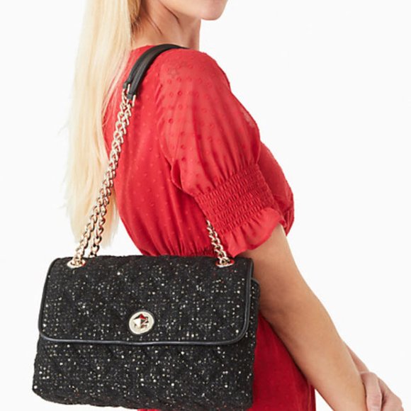KATE SPADE NATALIA Small TWEETED FLAP SHOUDLER BAG BLACK - Picture 4 of 6